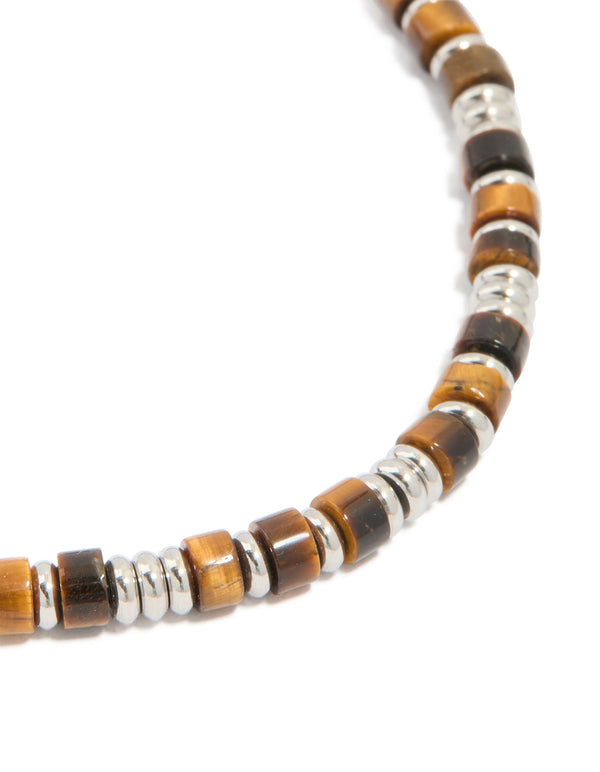 Mens Waterproof Stainless Steel Semi Precious Tiger's Eye Beaded Bracelet