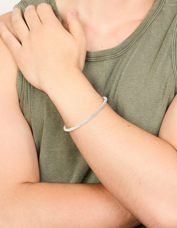Mens Waterproof Stainless Steel Small Wire Twist Cuff Bracelet