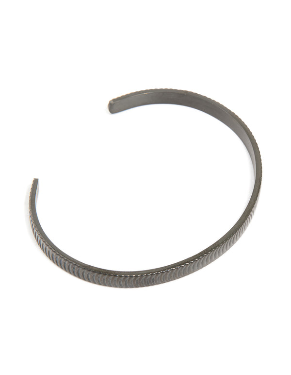 Mens Waterproof Black Stainless Steel Detailed Cuff Bangle
