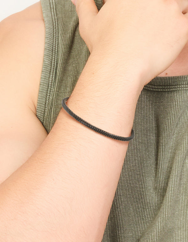 Mens Waterproof Black Stainless Steel Wire Twist Cuff Bracelet