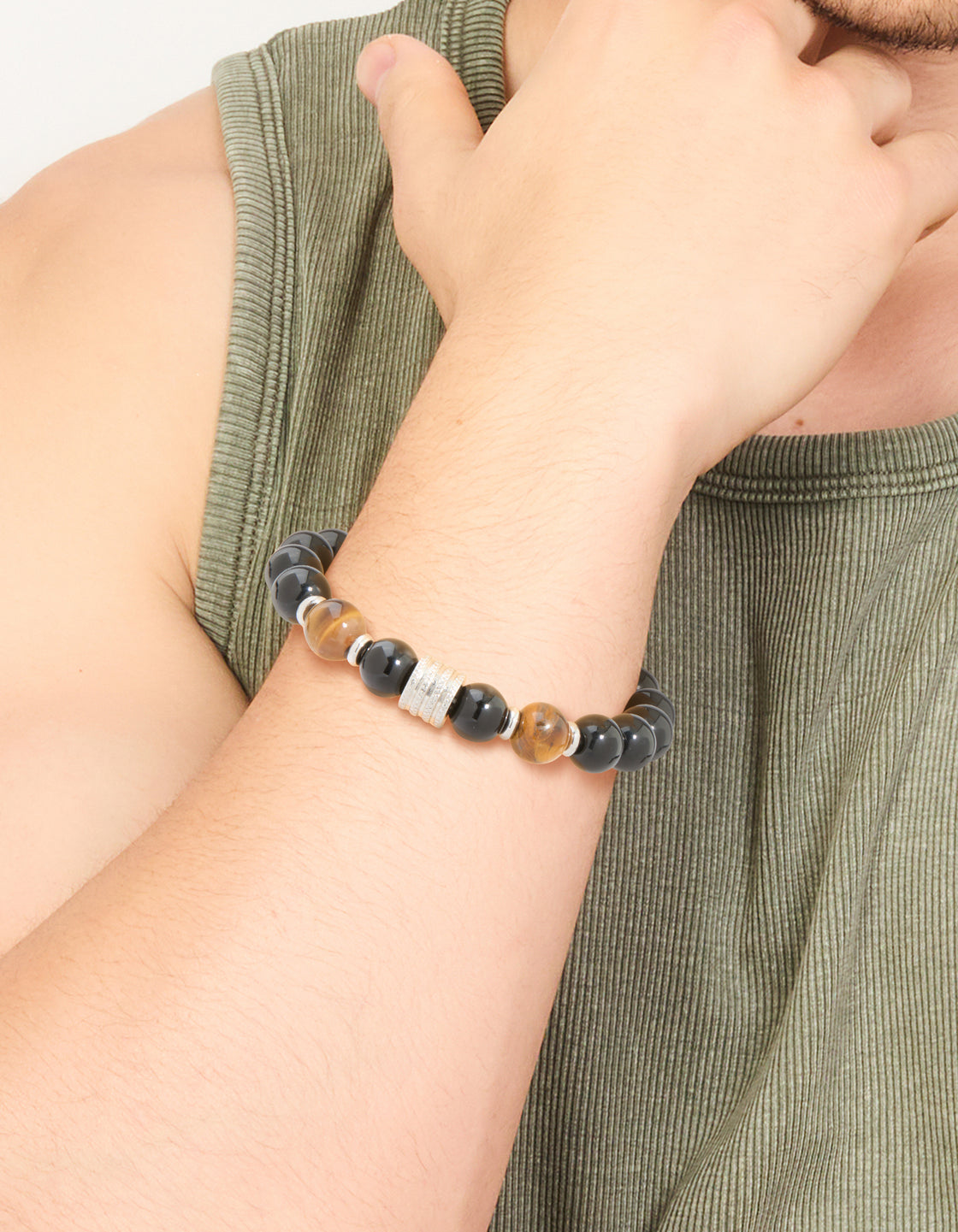 Mens Waterproof Stainless Steel Large Beaded Stretch Bracelet