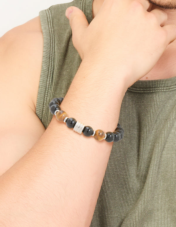 Mens Waterproof Stainless Steel Large Beaded Stretch Bracelet