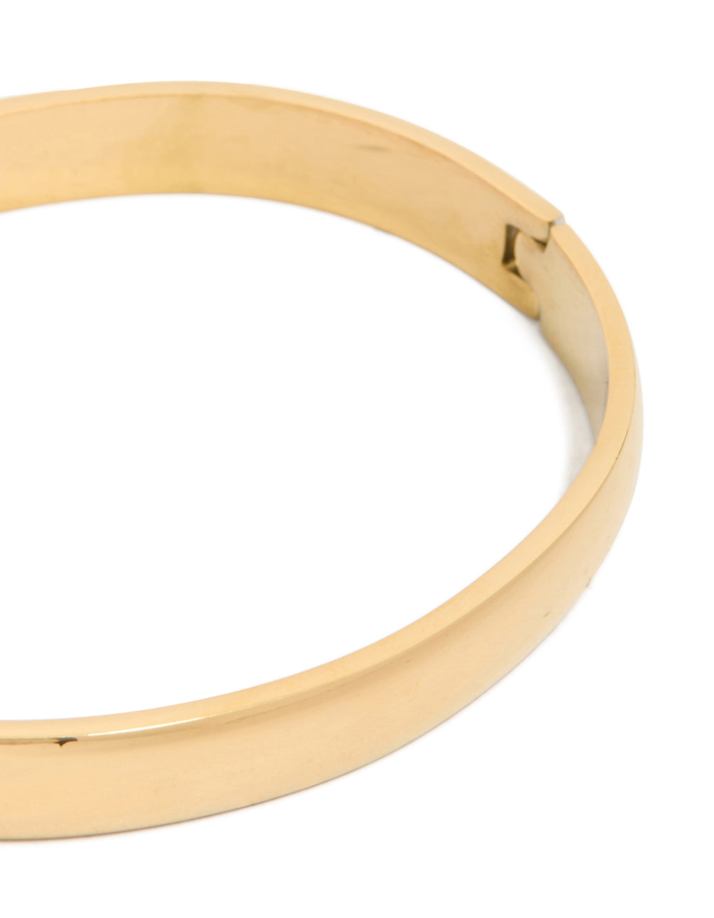 Featuring waterproof rose gold plated stainless steel construction, this smooth hinged bangle displays fine craftsmanship close up view