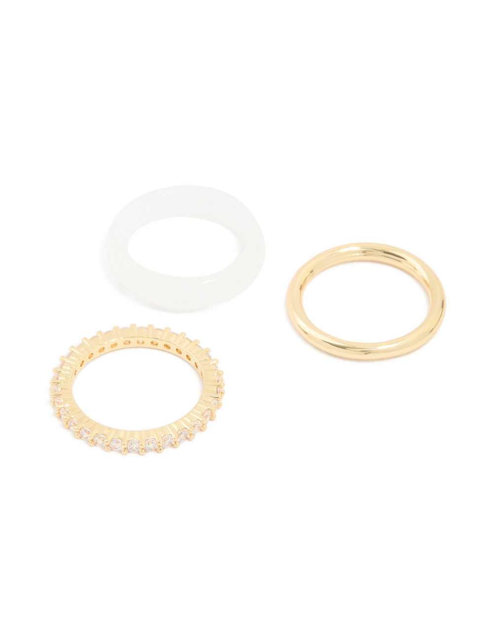 Cream Acrylic & Gold Cubic Zirconia Rings 3-Pack