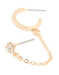 Showcasing silver diamante stud and hoop chain earring with gold-toned finish front view - link has visual effect only