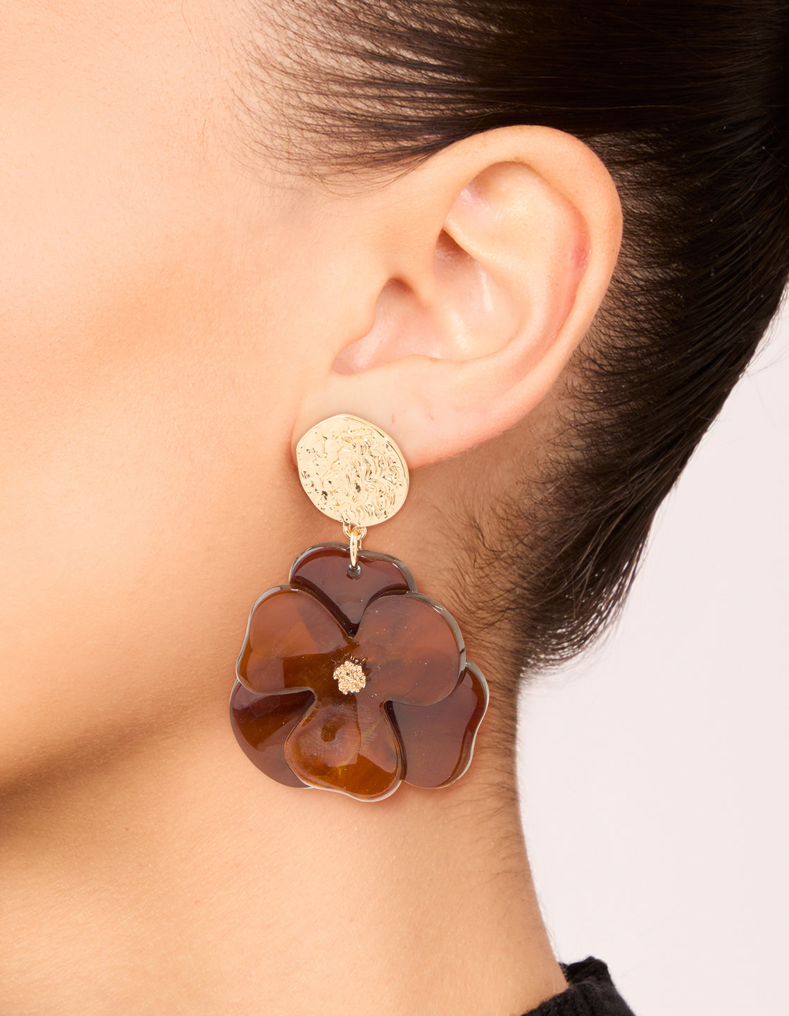Gold Crinkled & Brown Flower Drop Earrings