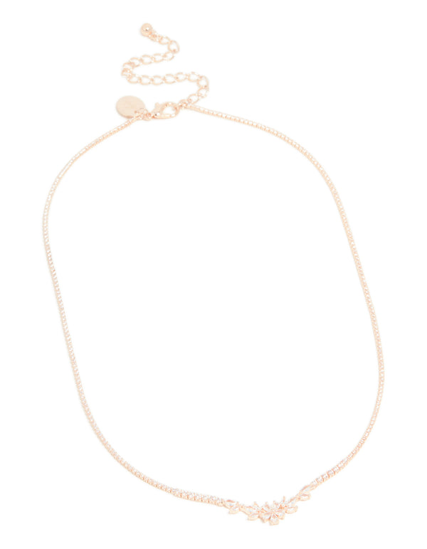 Rose Gold Plated Cubic Zirconia Dainty Floral Cupchain Necklace