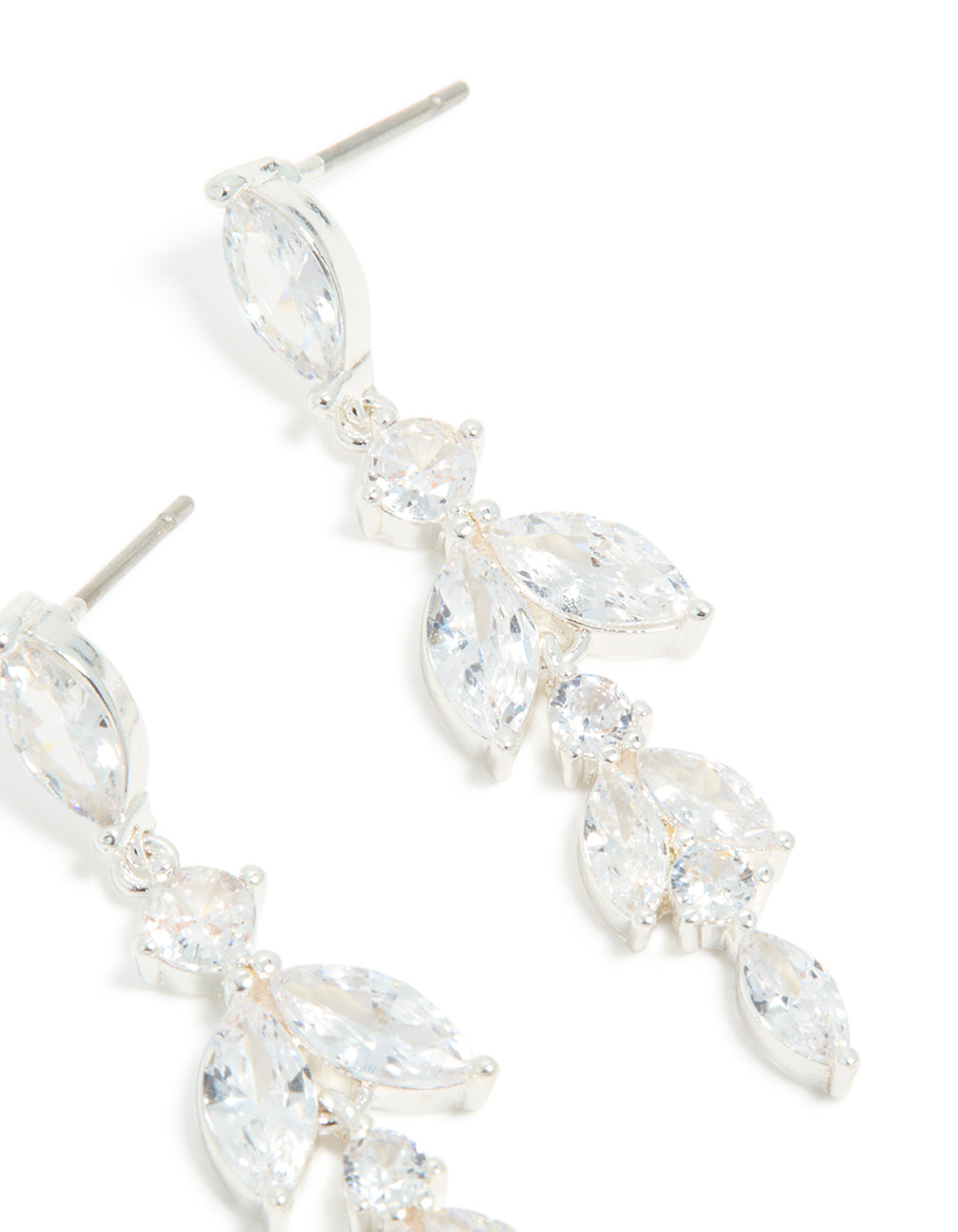 Featuring silver plated cubic zirconia vine medium drop earrings with leaf post detail view