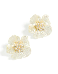 Elegant statement flower earrings in gold plated finish with pearl and diamante cluster center front view - link has visual effect only