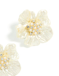 Detailed statement floral earrings in gold plated material featuring pearl and diamante accents with ivory tones post detail view - link has visual effect only