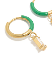 Waterproof Gold Plated Stainless Steel Emerald Green Enamel Cubic Zirconia Charm Huggie Earrings - link has visual effect only