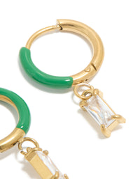 Waterproof Gold Plated Stainless Steel Emerald Green Enamel Cubic Zirconia Charm Huggie Earrings - link has visual effect only