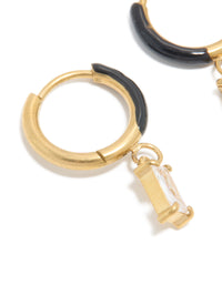 Waterproof Gold Plated Stainless Steel Black Enamel Cubic Zirconia Charm Huggie Earrings - link has visual effect only