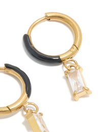 Waterproof Gold Plated Stainless Steel Black Enamel Cubic Zirconia Charm Huggie Earrings - link has visual effect only