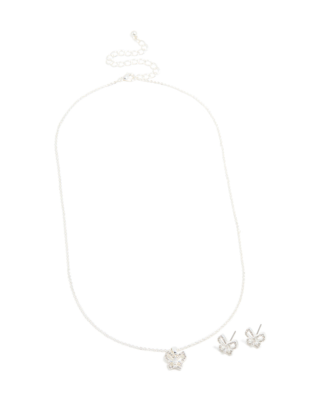 Silver Diamante Butterfly Stud Earrings & Necklace Set