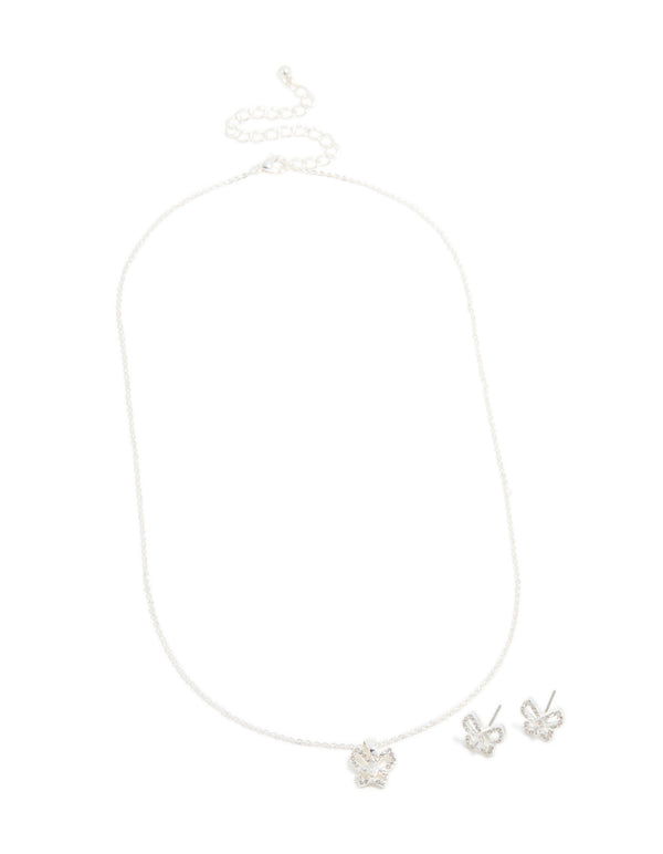 Silver Diamante Butterfly Stud Earrings & Necklace Set