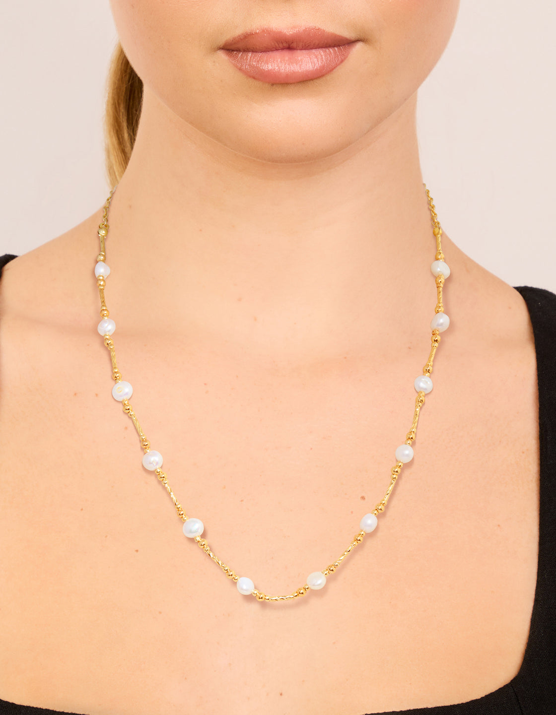 Gold Plated Freshwater Pearl & Textured Bars Necklace