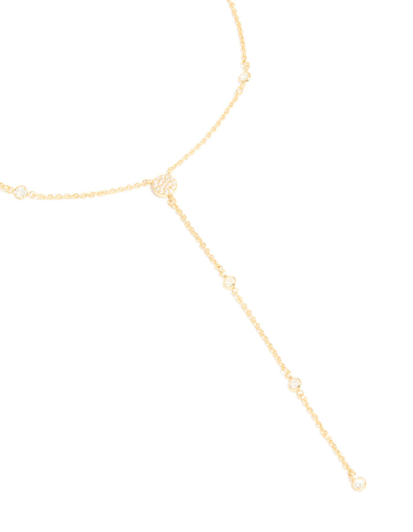 Featuring a gold plated cubic zirconia Y-necklace close up view