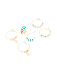 Gold Green Beaded & Leaf Huggie Earrings 3 Pack - link has visual effect only