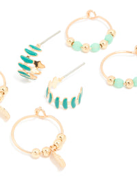 Gold Green Beaded & Leaf Huggie Earrings 3 Pack - link has visual effect only