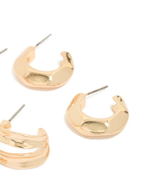 Crafted with dainty chunky textured huggie closure in gold, 3 pack earrings post detail view - link has visual effect only