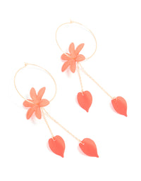 Gold Red Flower & Petal Chain Drop Earrings - link has visual effect only