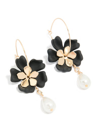 Gold Diamante Pearl & Black Flower Drop Hoop Earrings - link has visual effect only