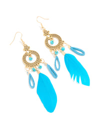 Gold Blue Feather Boho Dream Catcher Drop Earrings - link has visual effect only