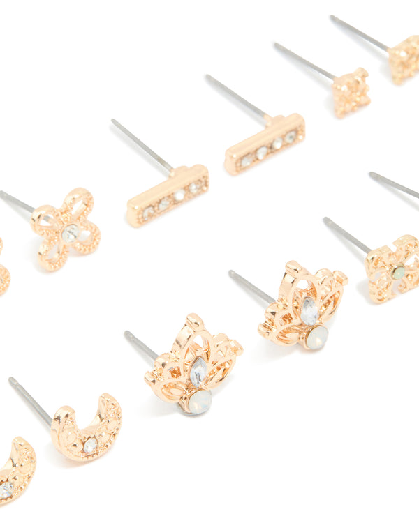 Gold Diamante Moon & Bar Stud Earrings 7-Pack