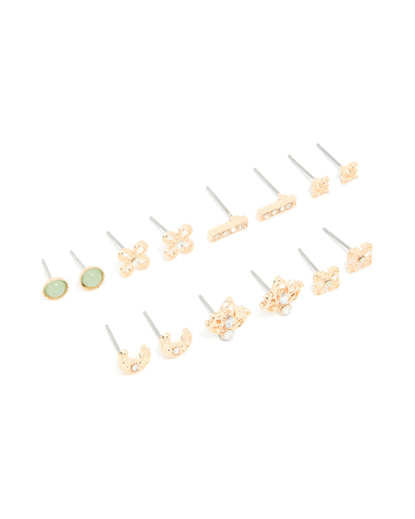 Gold Diamante Moon & Bar Stud Earrings 7-Pack