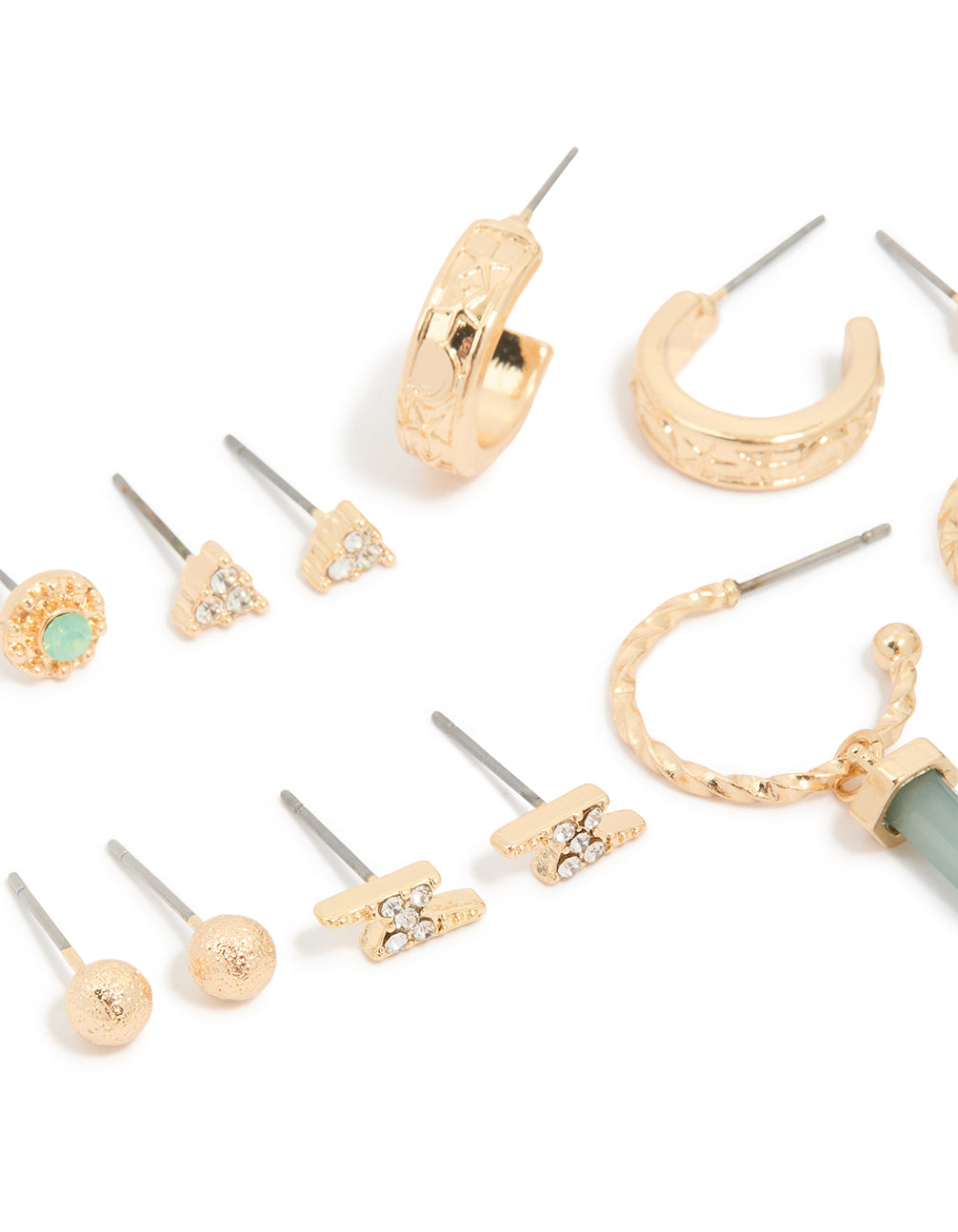 Gold Green Diamante Stud Earrings 7-Pack