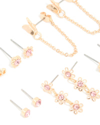 Gold Pink Diamante Studs & Butterfly Chain Earrings 7-Pack - link has visual effect only