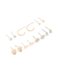 Gold Light Blue Diamante Flower Stud Earrings 7-Pack - link has visual effect only