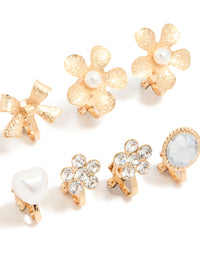 Gold Pearl Flower & Bow Clip On Earrings 4-Pack - link has visual effect only