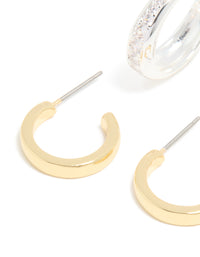 Mixed Metal Plated & Cubic Zirconia Line Open Hoop Earrings 2-Pack - link has visual effect only