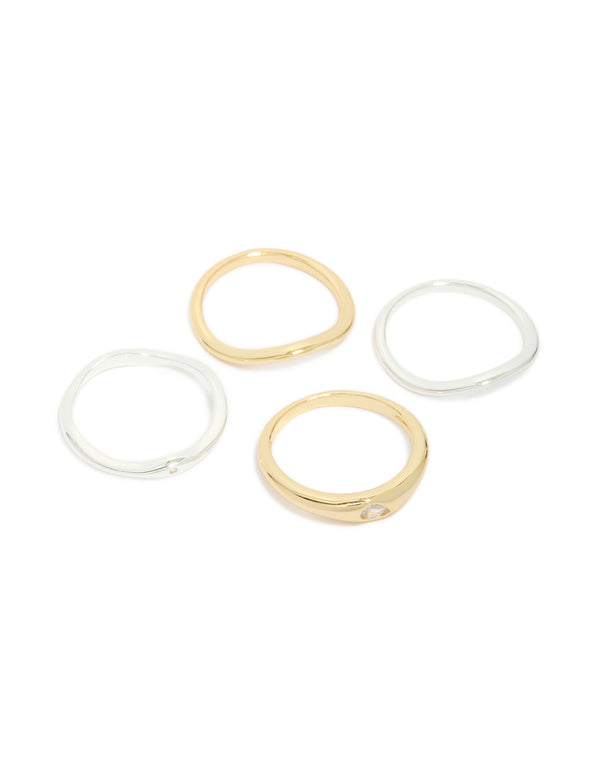 Mixed Metal Plated Cubic Zirconia Thin Wavy Ring 4-Pack