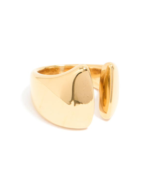 Crafted from waterproof gold plated stainless steel, this chunky open ring with statement design front view