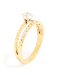 Beautifully crafted waterproof gold plated stainless steel dainty cubic zirconia double layered ring showcasing the setting and clarity of clear stones close up view - link has visual effect only