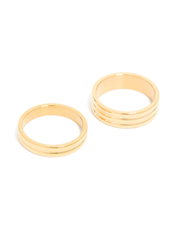Showcasing waterproof gold plated stainless steel simple band stacking rings in a 2-pack front view