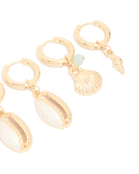 Gold Beaded & Shell Motif Huggie Earrings 3-Pack - link has visual effect only