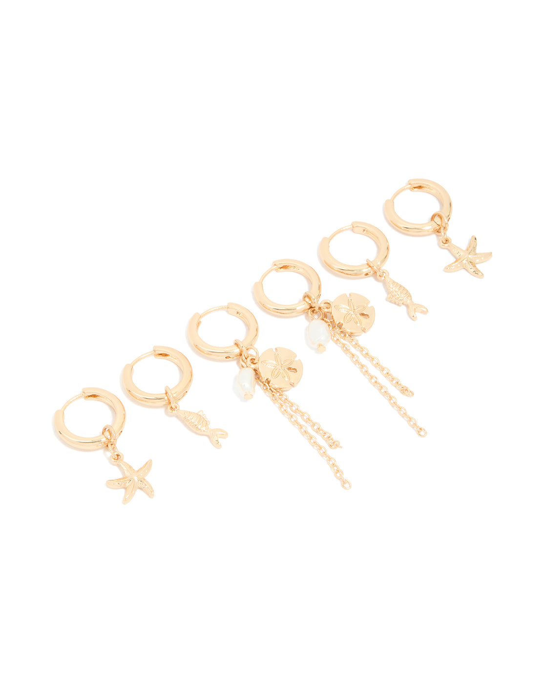 Gold Mixed Chain & Beaded Sea Motif Huggie Earrings 3-Pack