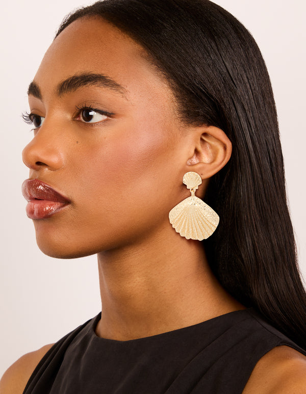 Gold Double Clam Shell Drop Earrings