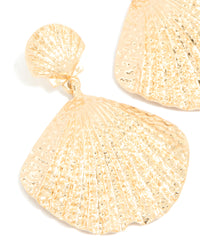 Gold Double Clam Shell Drop Earrings - link has visual effect only