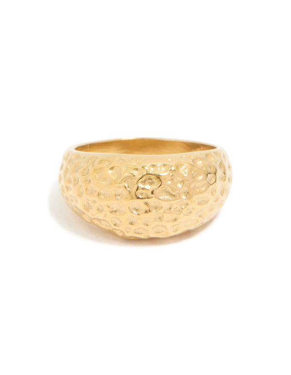 Highlighting a waterproof gold plated stainless steel molten rock ring in chunky style close up view