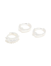 Silver Cubic Zirconia Huggie & Stud Earrings 3-Pack - link has visual effect only