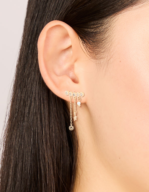 Gold Cubic Zirconia Long Stud Pearl & Star Charm Earrings