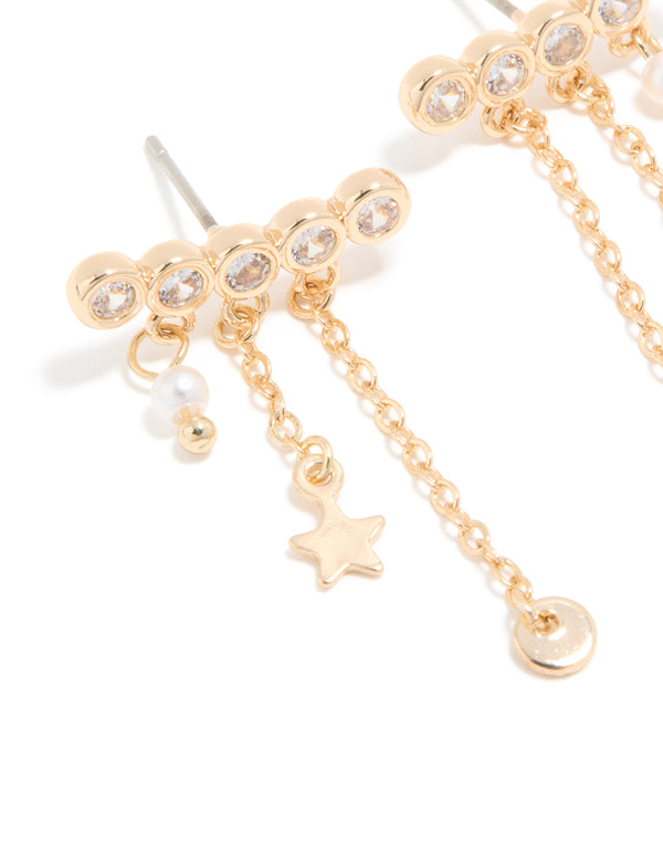 Gold Cubic Zirconia Long Stud Pearl & Star Charm Earrings