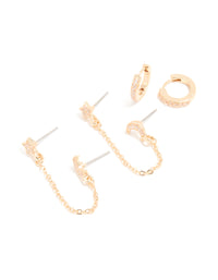 Gold Cubic Zirconia Celestial Chain Double & Huggie Earrings Pack - link has visual effect only