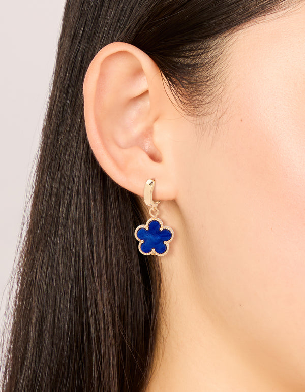 Gold Blue Flower Drop Huggie Earrings