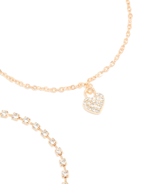 Gold Cubic Zirconia Tennis, Chain & Heart Anklets 3-Pack
